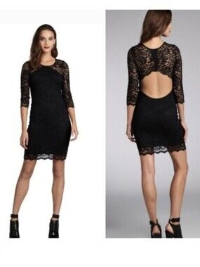 Gilber Gilmore Black Lace Open Back Stretch Dress Nylon Stretch 3/4 Sleeve Sz M